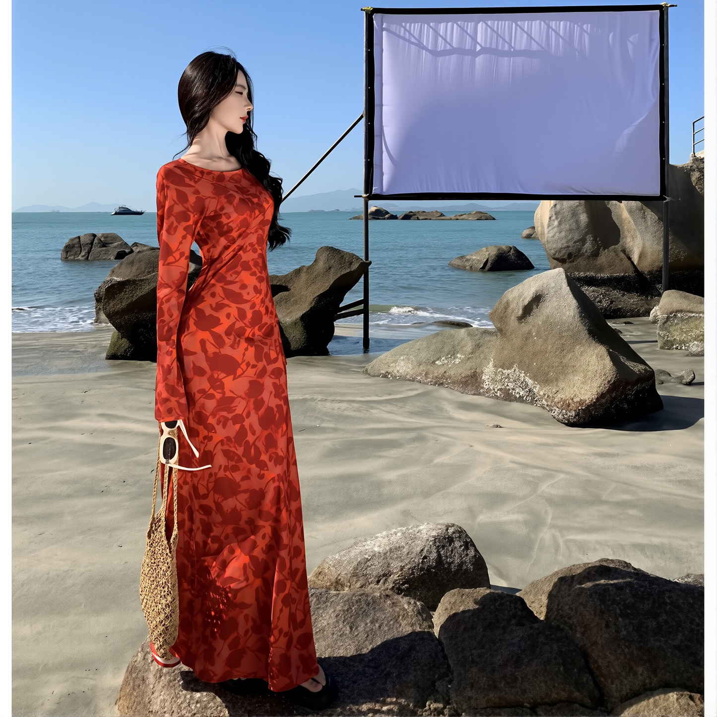 2025 New Cheongsam Women's High-End Improved New Dress Moroccan Rose Print Long-Sleeved Dress