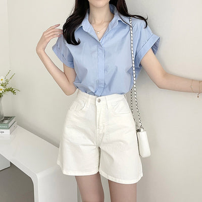 Fashionable All-match Hidden Hook Design Lapel Curling Short Sleeve