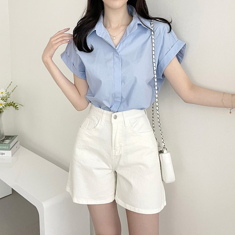 Fashionable All-match Hidden Hook Design Lapel Curling Short Sleeve