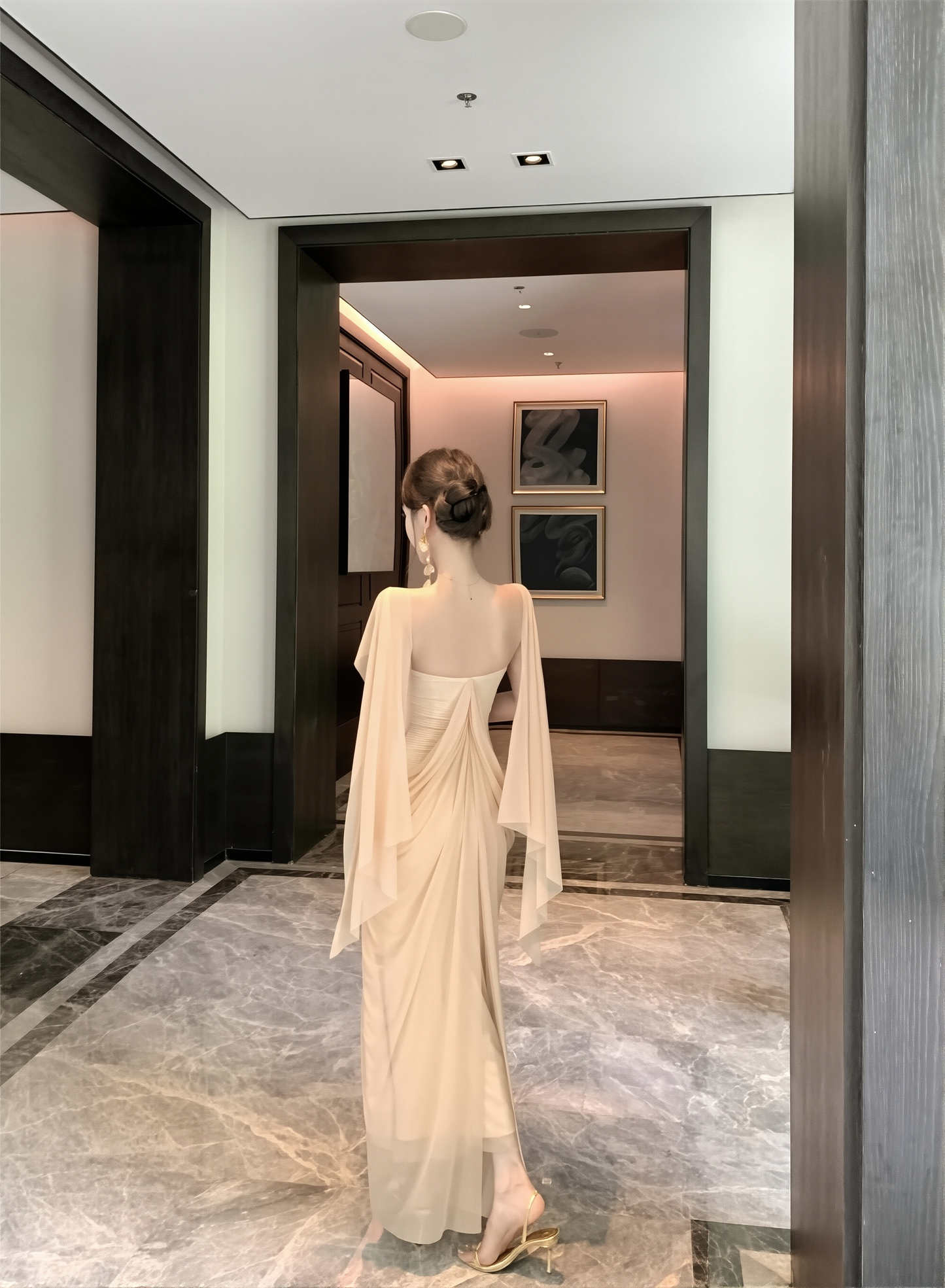 New French Light Luxury Celebrity High-end One-shoulder Two-piece Mesh Long Noble Dress