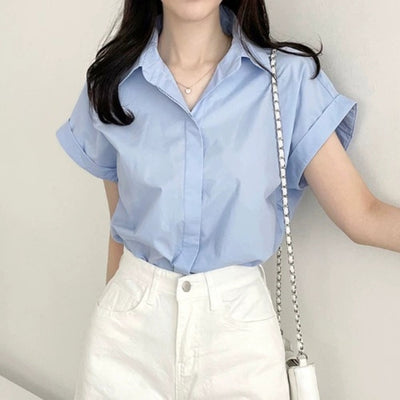 Fashionable All-match Hidden Hook Design Lapel Curling Short Sleeve