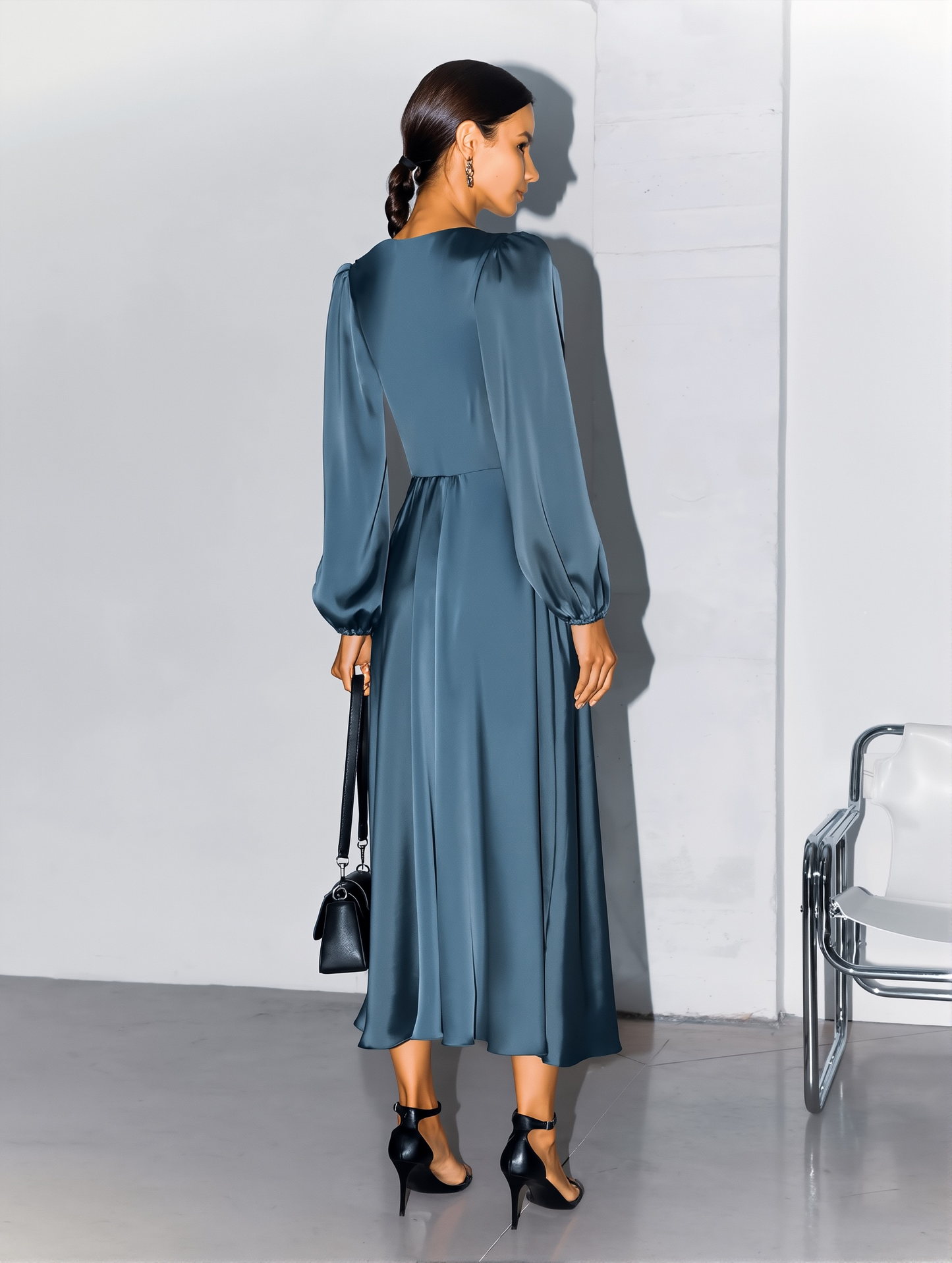 Clothing French Style Elegant Satin Lantern Sleeve Dress Women's High-end Waist Banquet Dress