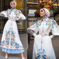 Fashion Puff Sleeves Lapel Robe Arabic Women's Digital Printed Mid Waist Long Dress