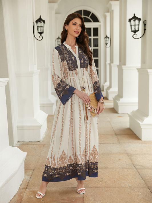 Muslima Summer Dress - Long Sleeved Elegant Printed Maxi in Cotton-Silk