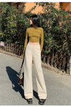 Beige High Waist Straight Skinny Jeans For Women Design Wide Leg Drape Mopping Pants