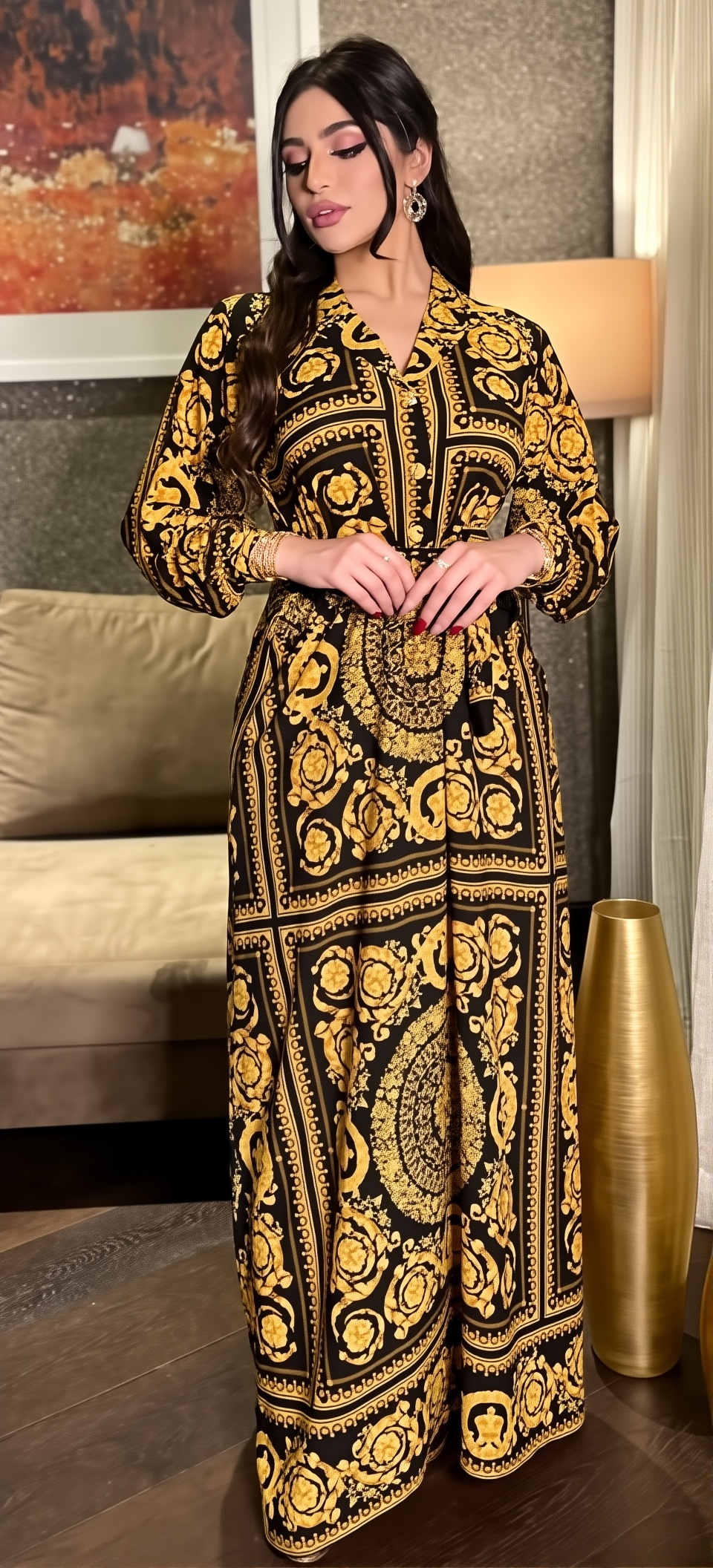 Women's Shirt Printed Long-Sleeved Dress Fashionable Long Skirt Dress