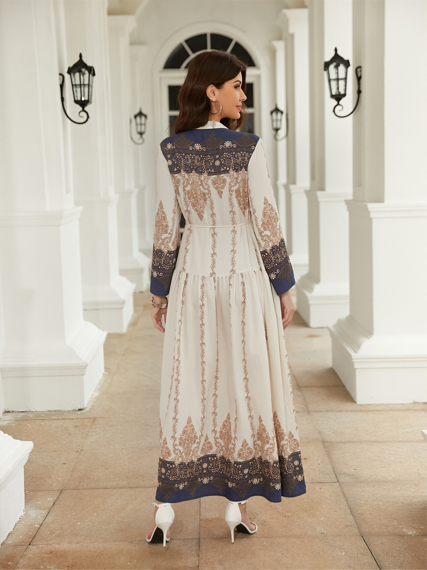 Muslima Summer Dress - Long Sleeved Elegant Printed Maxi in Cotton-Silk