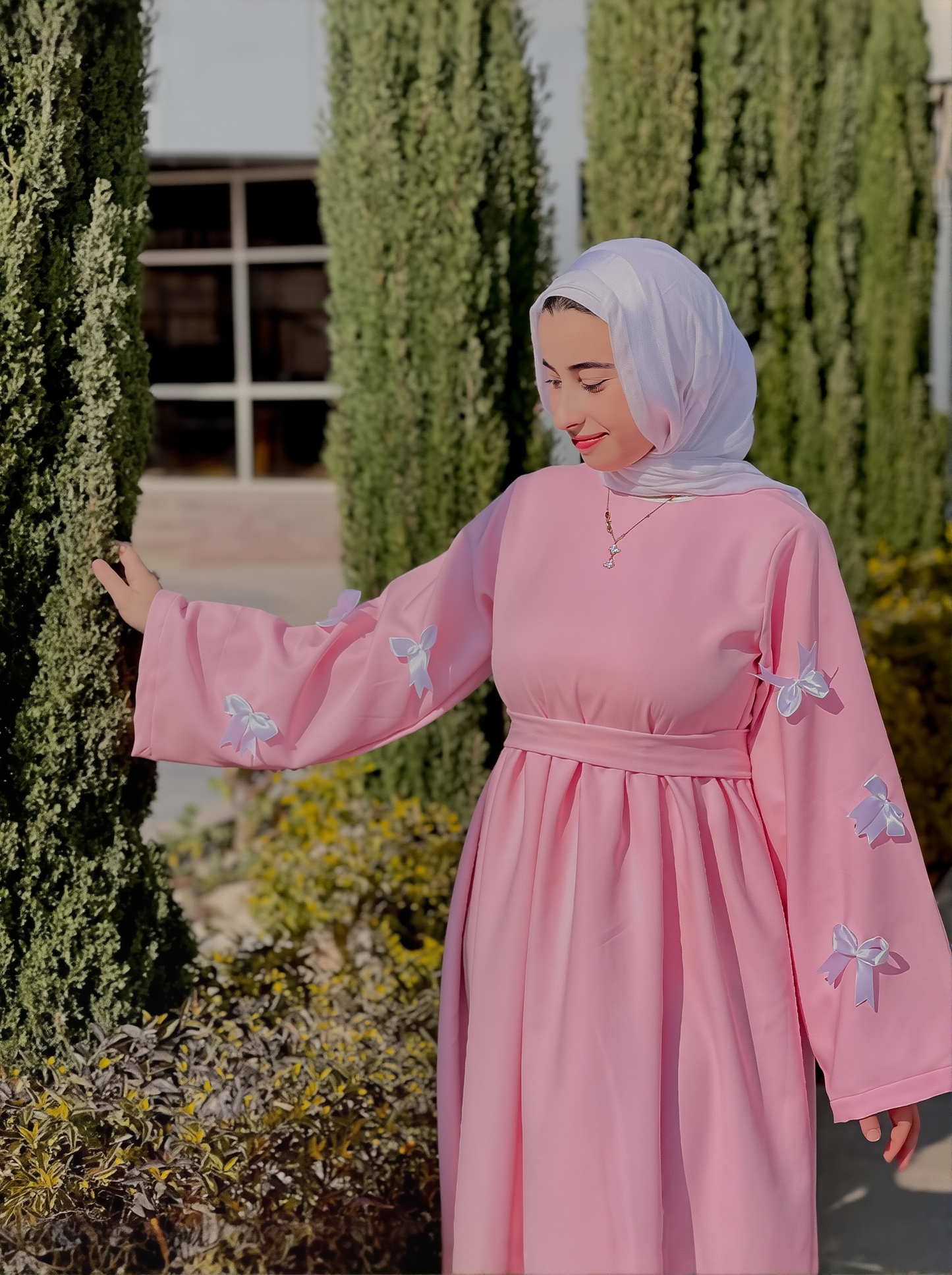 Women's Muslim Style New Three-dimensional Bow Sweet Age-reducing Waist Pink Dress