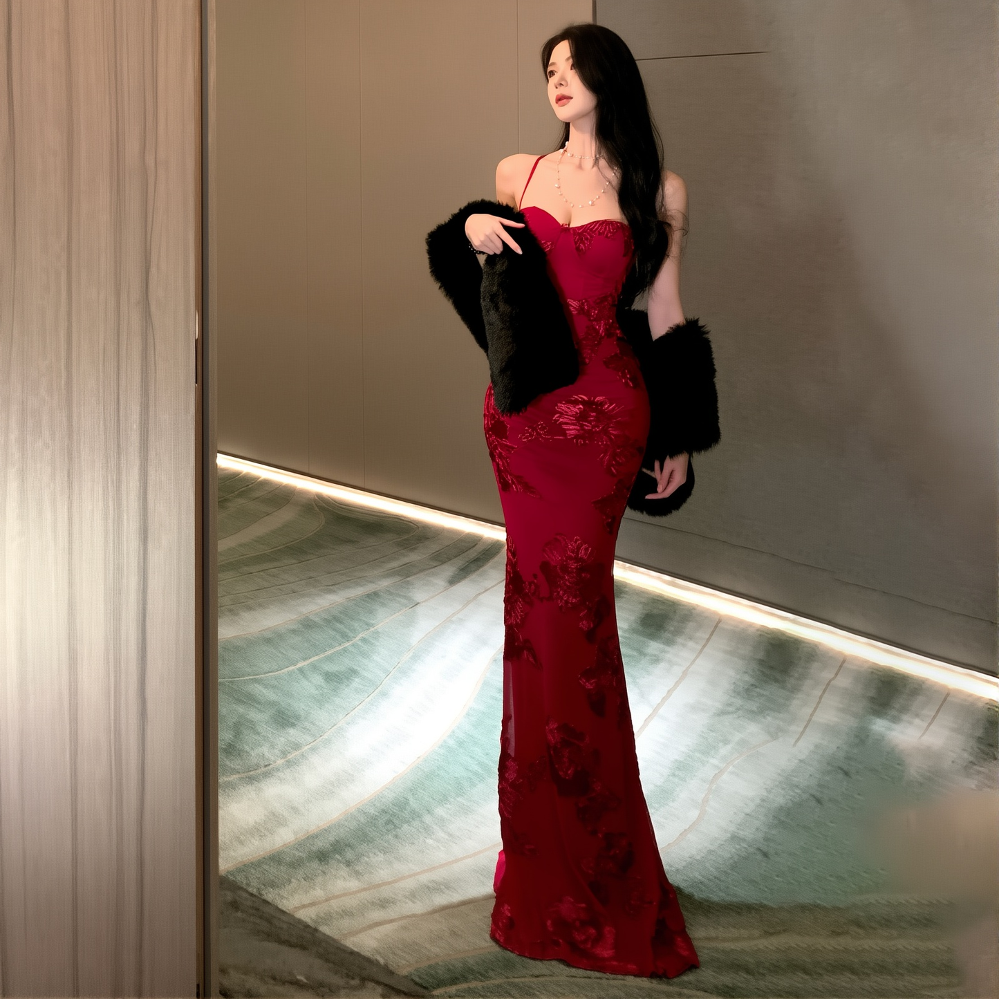 Backless Suspender Dress with Lace Embroidery - Elegant Slim Fishtail Skirt