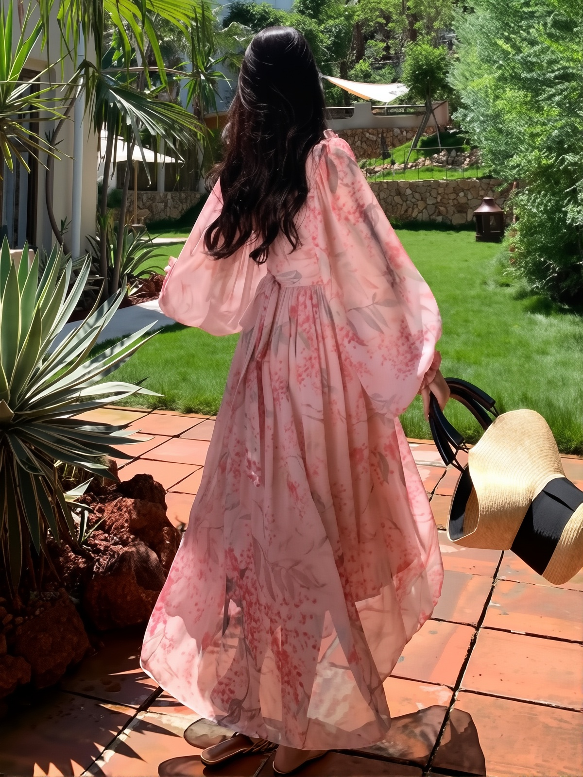 French Style Floral Tulle Dress - Elegant V-Neck A-Line Gown with Lantern Sleeves