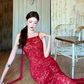 Red Lace Suspender Dress - Sexy Backless Long Vacation Maxi
