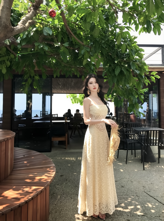 Seaside Vacation Dress French Style - Lace Floral Hollow Out Suspender Skirt Gentle Elegant