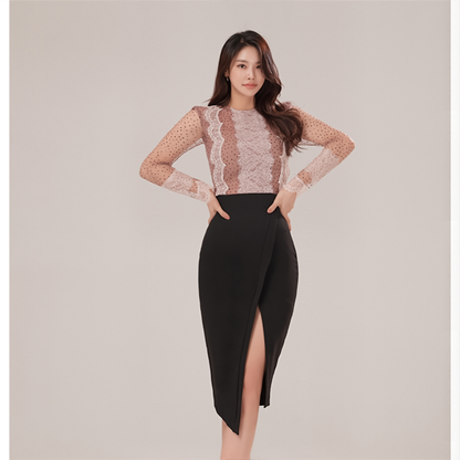 Sexy Mesh Top & Slit Skirt Set - Summer Polka Dot Slim Fit Two-Piece Outfit