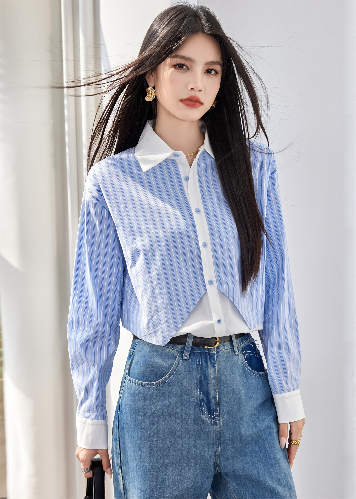 Real Shot In Stock Korean Striped Lapel Long Sleeve Shirt Women's 2025 Autumn New Fake Two-piece Stitching Top