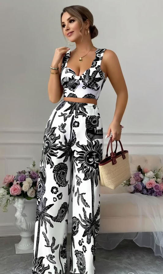 Sexy V-neck Strap Vest Loose Wide Leg Pants