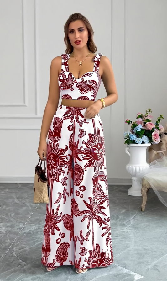 Sexy V-neck Strap Vest Loose Wide Leg Pants